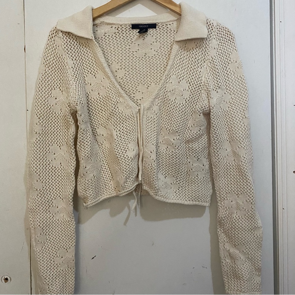 Forever 21 Cream Floral Openwork Tie-Front Cardigan Sweater